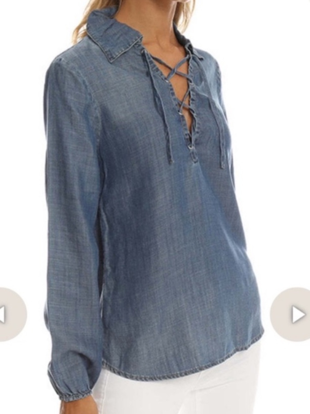 FRAME Chambray Denim Lace-Up Lightweight Long Sleeve Blouse